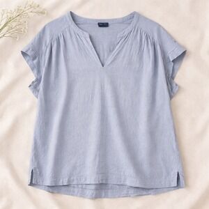 Breezy Blue Linen Blend Cap Sleeve Shirt- XXL- Lightweight Flowy Coastal Top